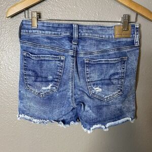 American Eagle Hi Rise Shortie Jean Shorts Next Level Stretch Distressed Size 4